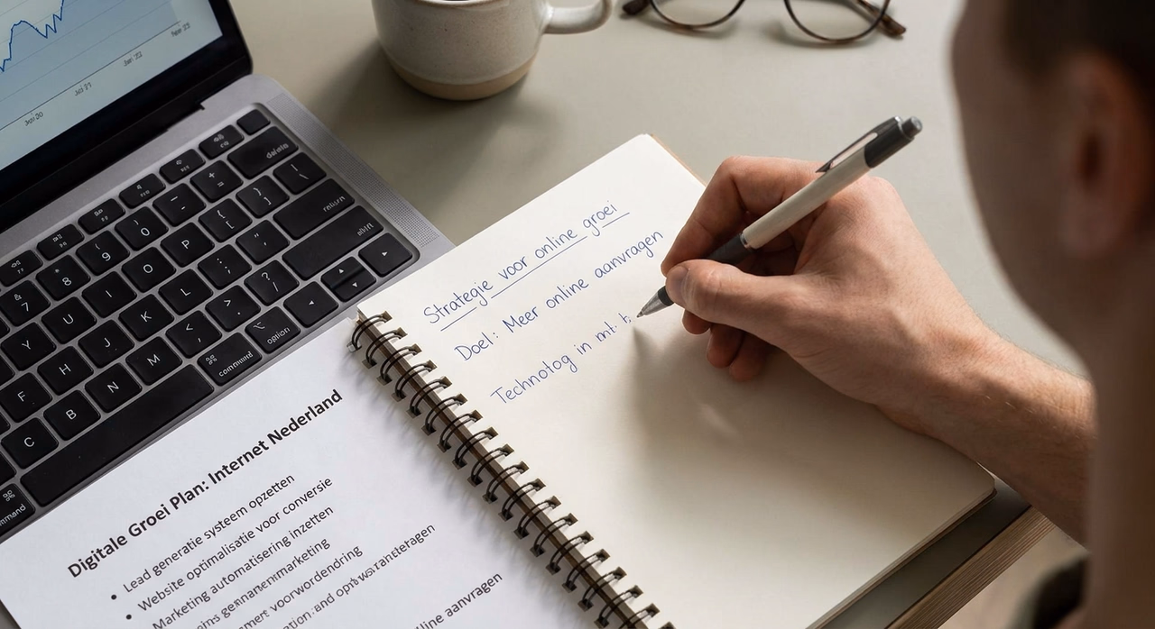 Detailopname van hand die content strategy en teksten noteert naast laptop