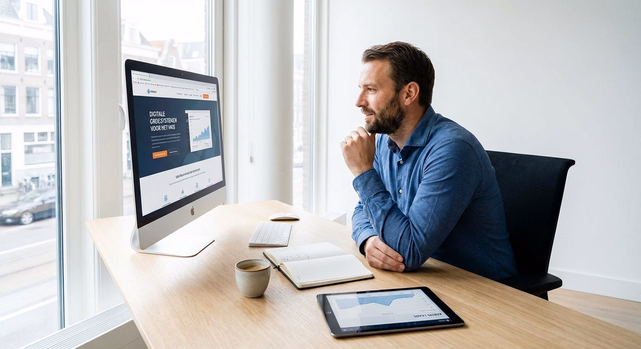 Ondernemer leest waardevolle content op computer voor groei bedrijf