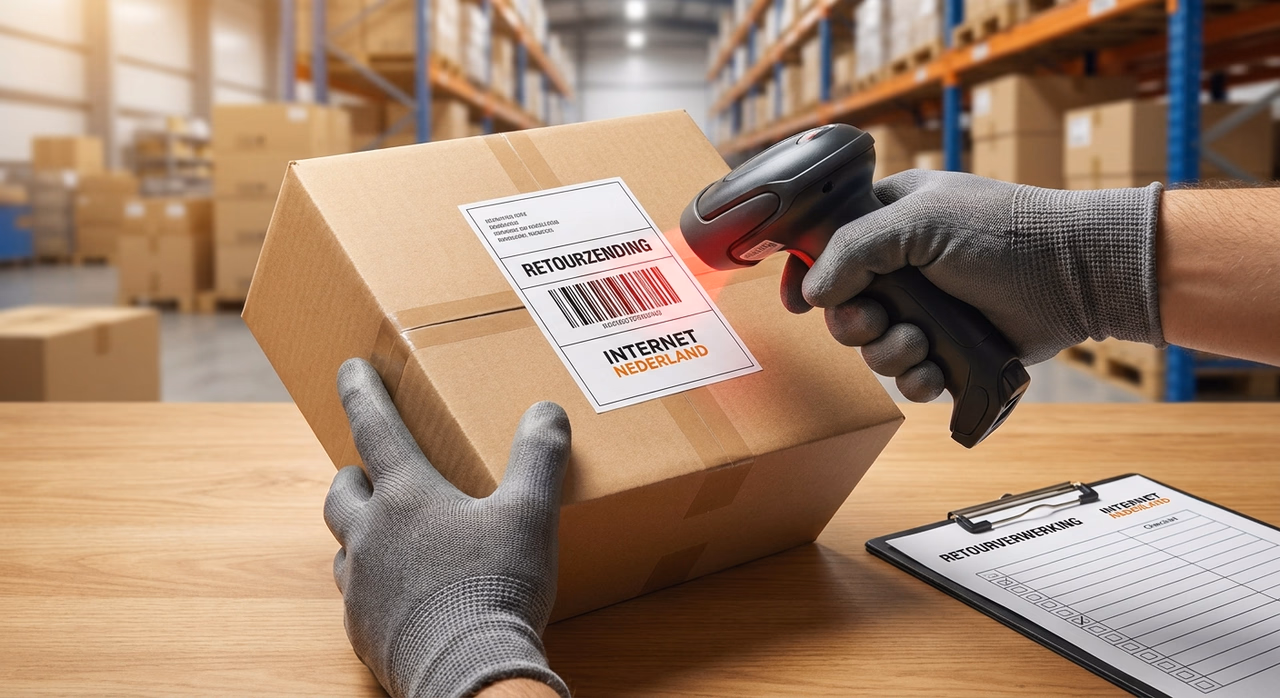 Close-up of return label scanning during package processing workflow Close-up of return label scanning during package processing workflow