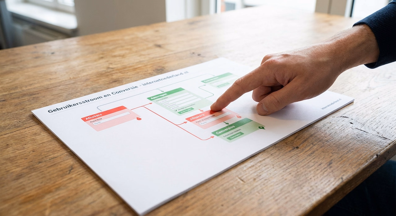 Hand wijst op conversie knelpunt in website analyse diagram met data inzichten Hand wijst op conversie knelpunt in website analyse diagram met data inzichten