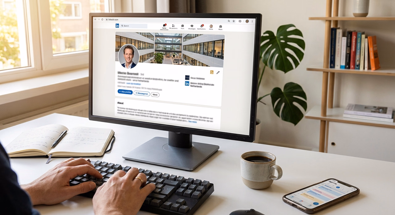 Detail van LinkedIn-profiel op scherm terwijl ondernemer werkt aan persoonlijke branding online.