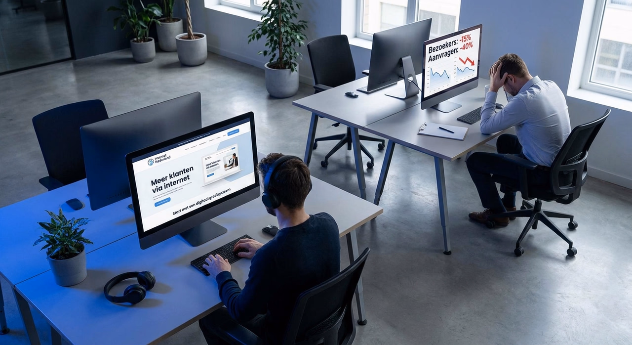 Designer working on beautiful website while business owner reviews poor analytics results Designer working on beautiful website while business owner reviews poor analytics results