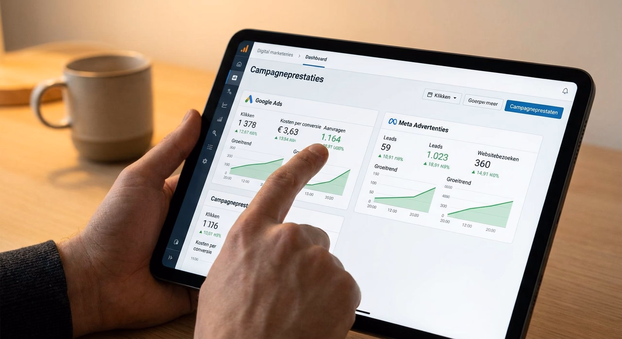 Detail van performance marketing dashboard met Google Ads en Meta campagnemetrieken zichtbaar op tablet Detail van performance marketing dashboard met Google Ads en Meta campagnemetrieken zichtbaar op tablet
