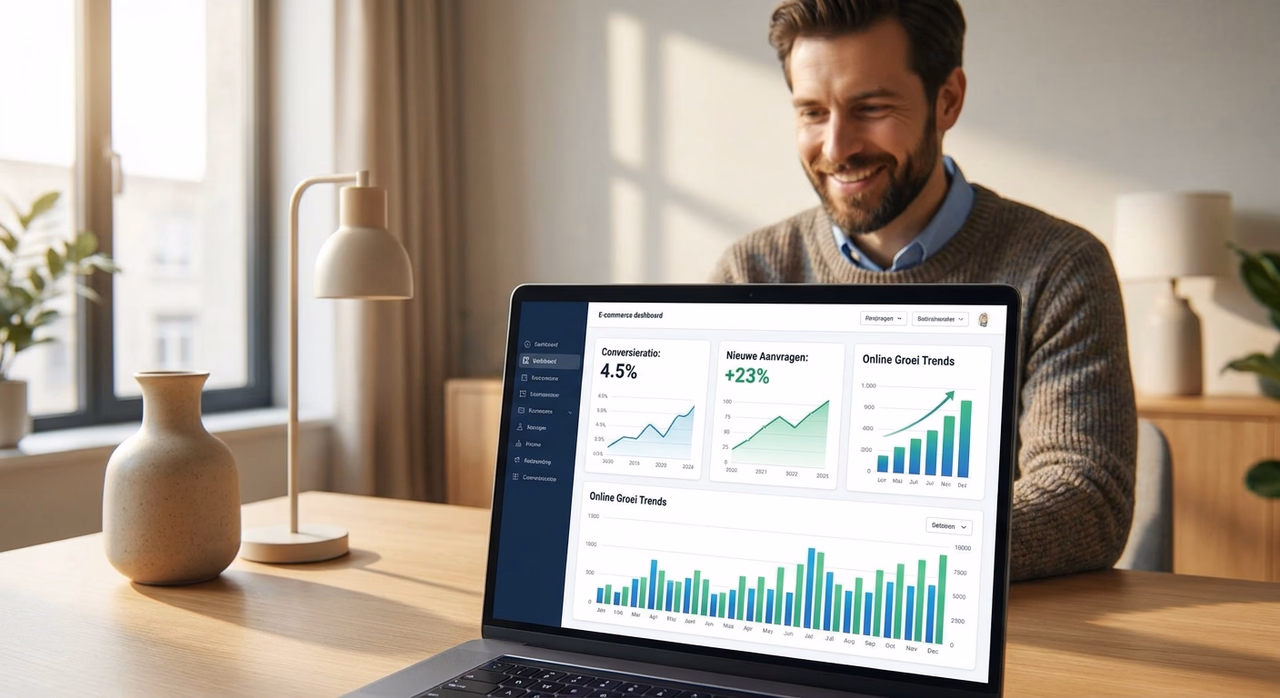 Entrepreneur analyzing webshop conversion metrics on laptop dashboard with growth analytics displayed