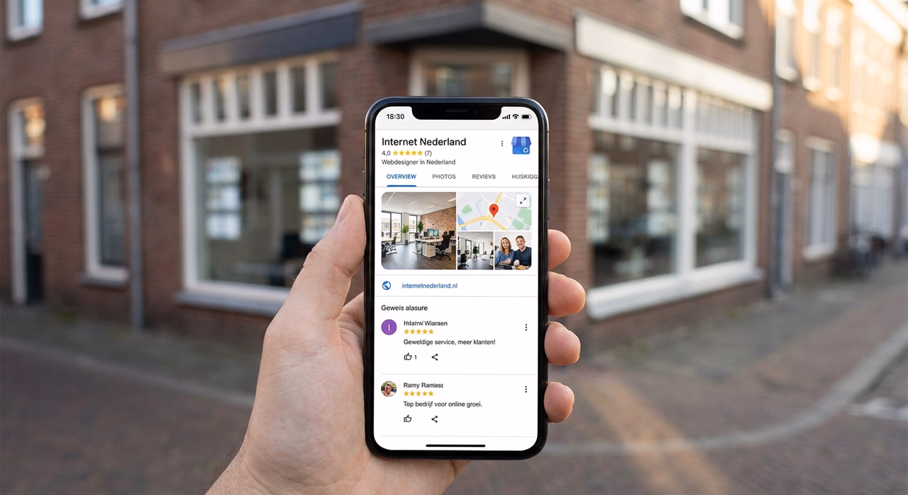 Google Bedrijfsprofiel met reviews en foto's op smartphone voor lokale SEO