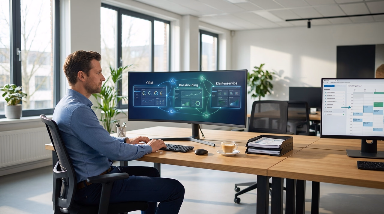 MKB ondernemer in kantoor bekijkt AI koppelingen tussen website, CRM en systemen op schermen