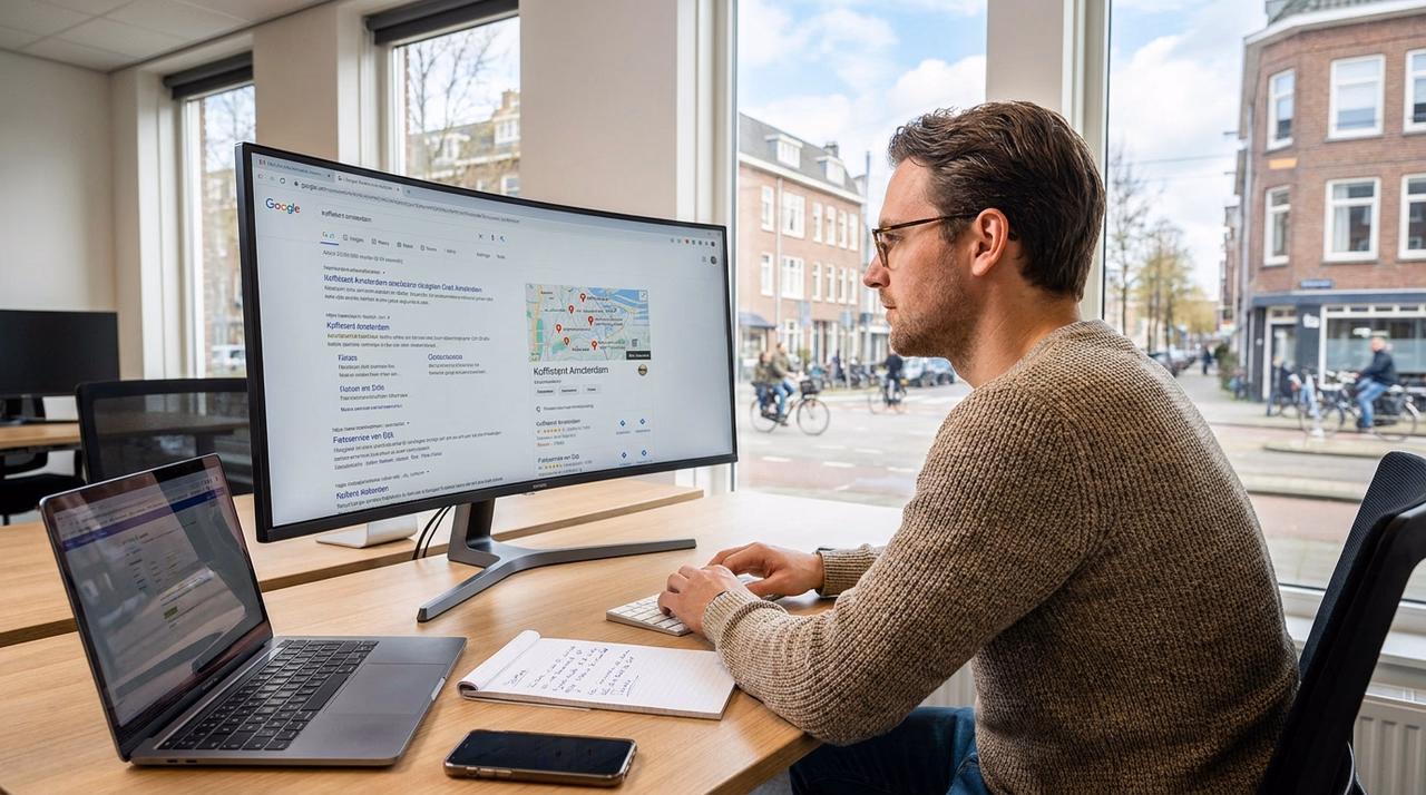 MKB-ondernemer bekijkt lokale SEO resultaten in Google op kantoor