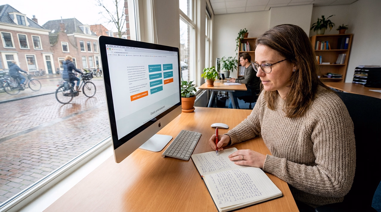 MKB-ondernemer optimaliseert landingspagina teksten op computer voor meer online aanvragen MKB-ondernemer optimaliseert landingspagina teksten op computer voor meer online aanvragen