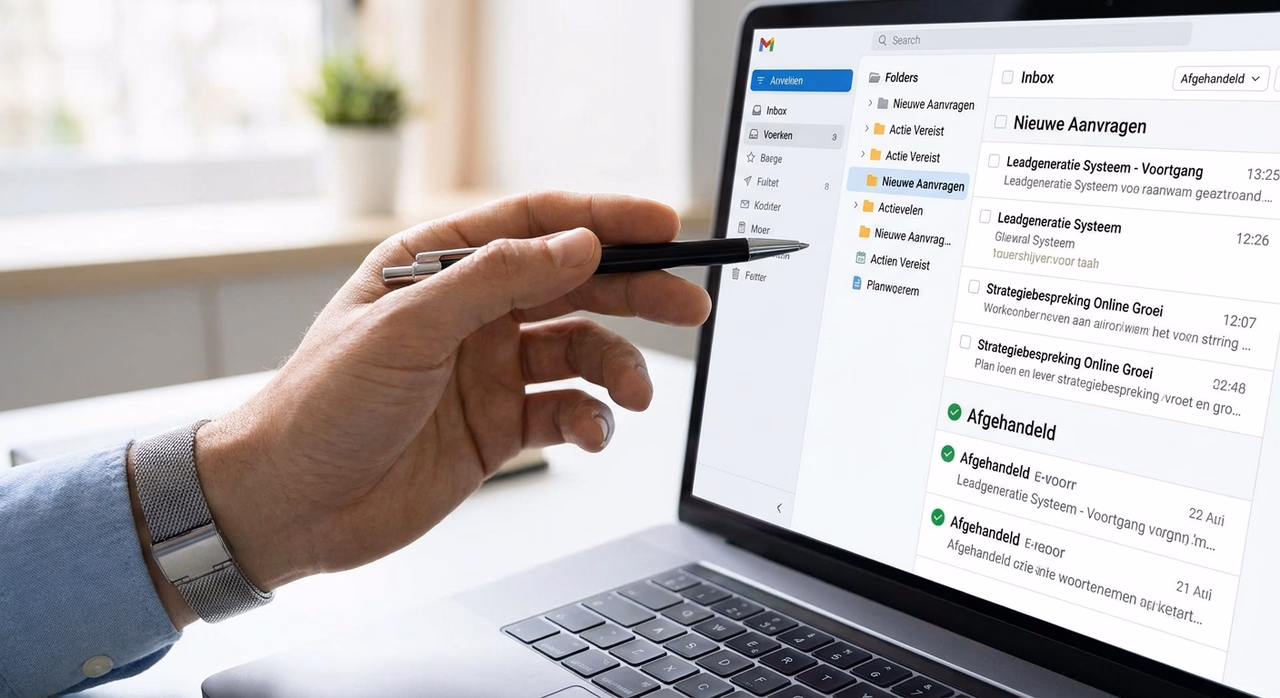 Close-up van georganiseerde inbox op laptopscherm met gesorteerde emails en duidelijke categorieën Close-up van georganiseerde inbox op laptopscherm met gesorteerde emails en duidelijke categorieën