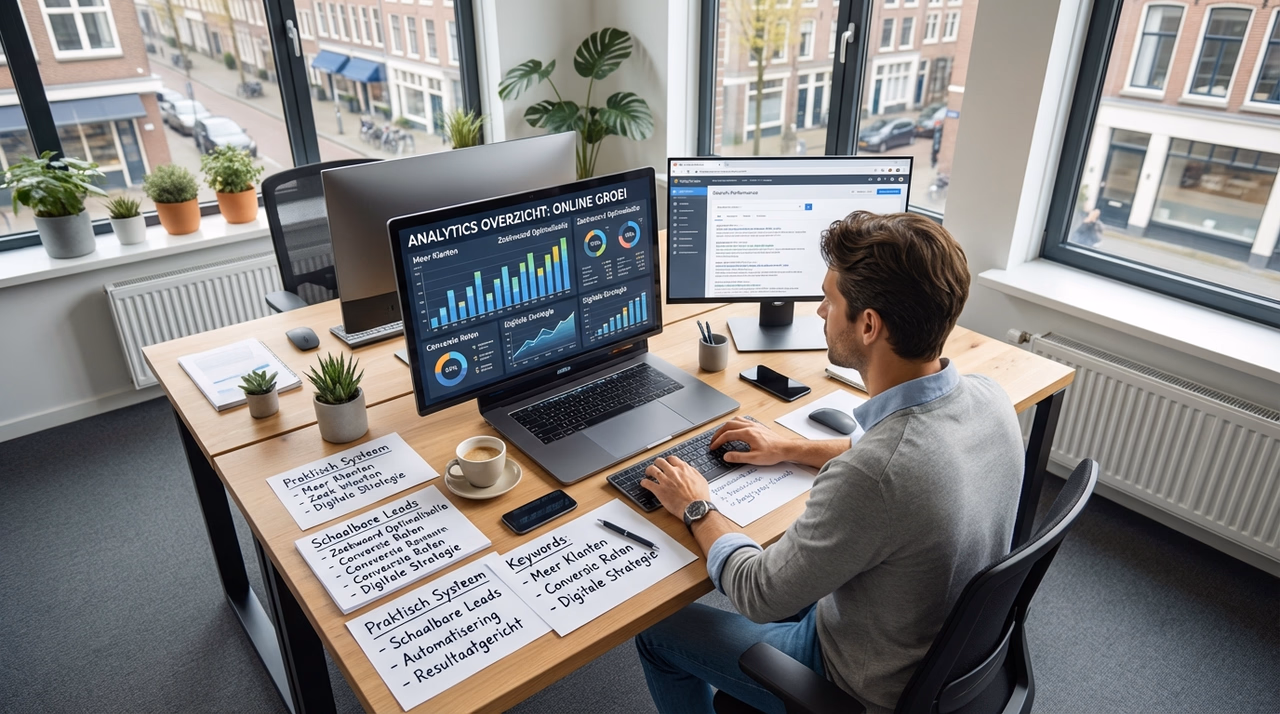 SEO consultant analyzeert website analytics en optimalisatiestrategieën op laptop en monitors