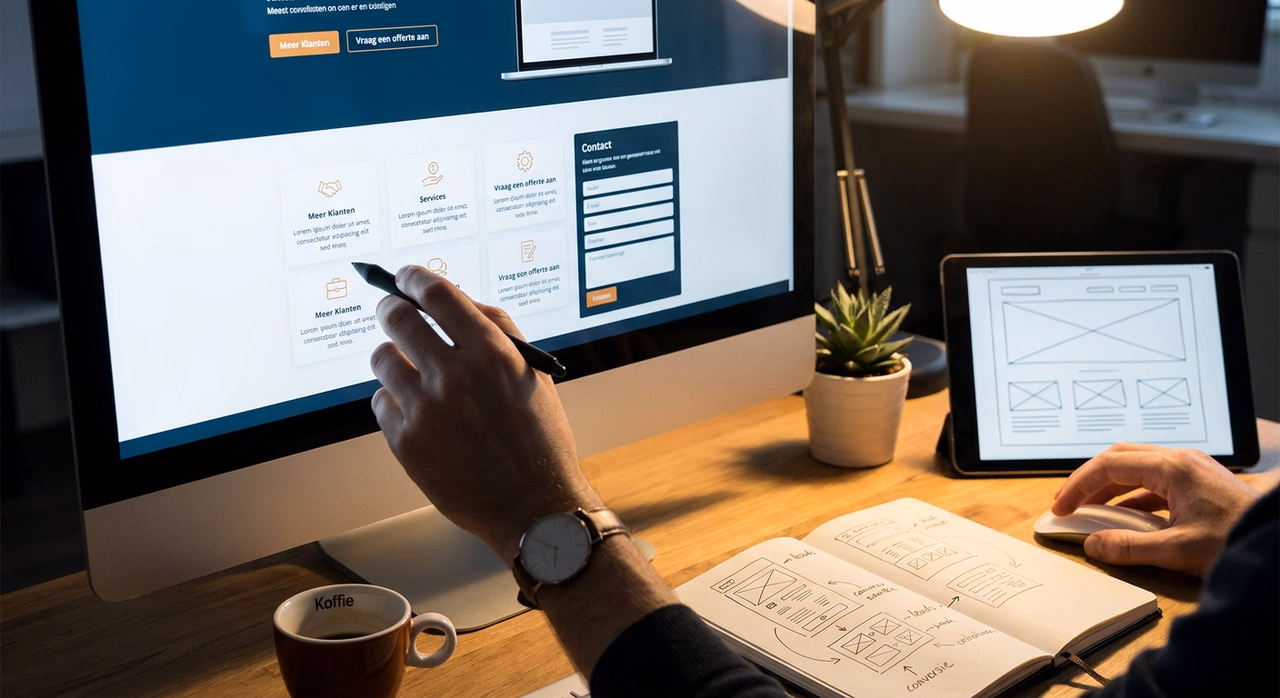 Detail van website UI design met duidelijke knoppen en contactformulier op beeldscherm