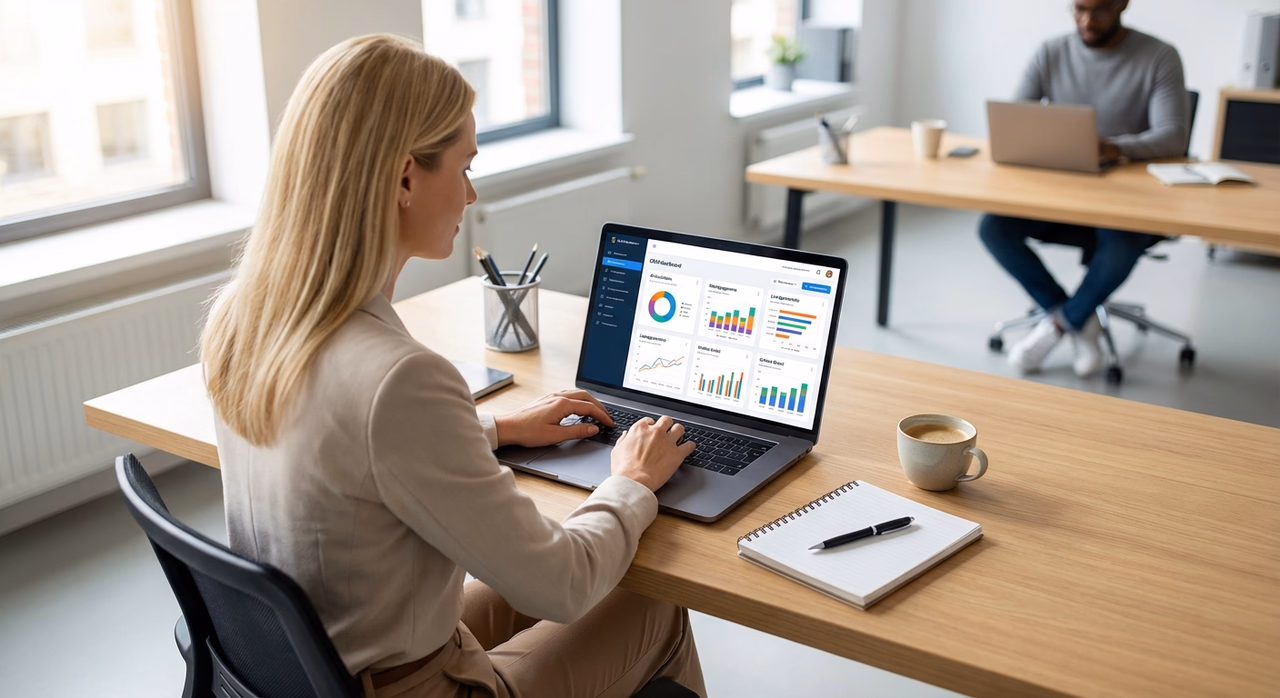 AI-powered CRM dashboard displayed on laptop in modern office workspace with customer data analytics