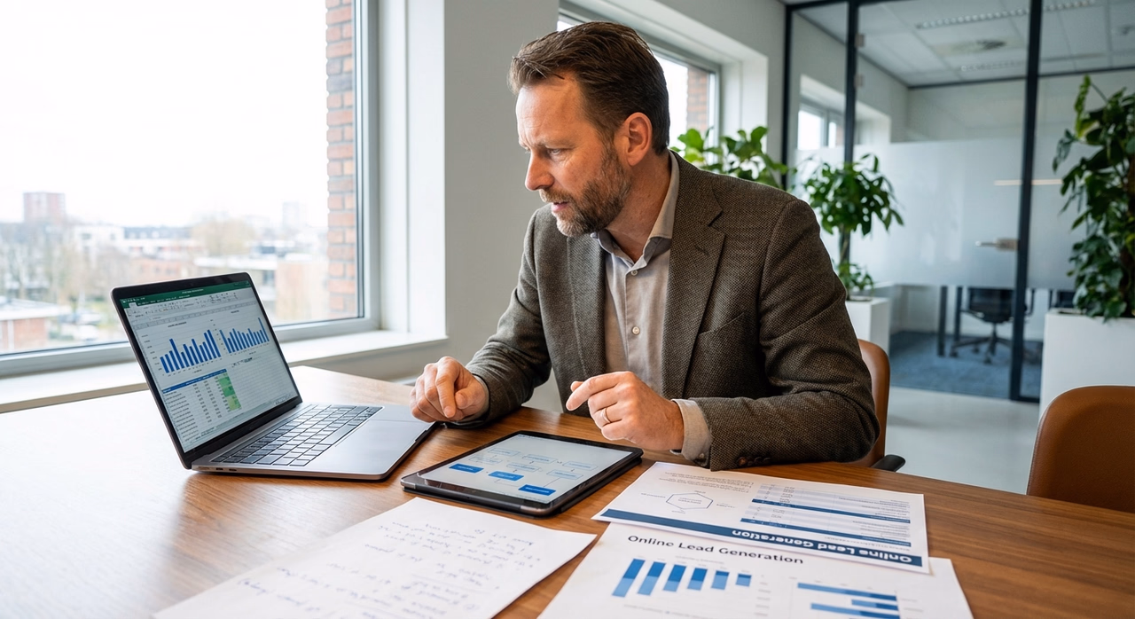 Nederlandse ondernemer aan het werk met AI-tools op laptop en tablet in modern kantoor