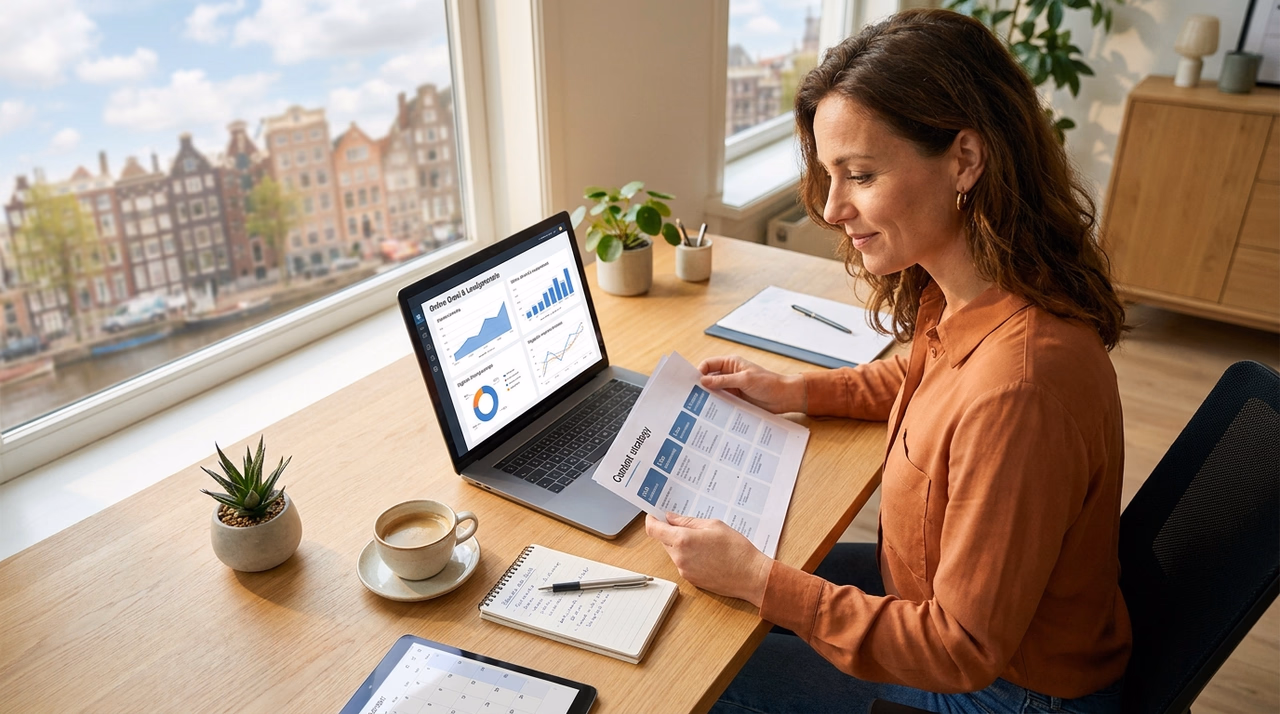 Ondernemer analyseert content strategie op laptop met planning documenten op het bureau Ondernemer analyseert content strategie op laptop met planning documenten op het bureau