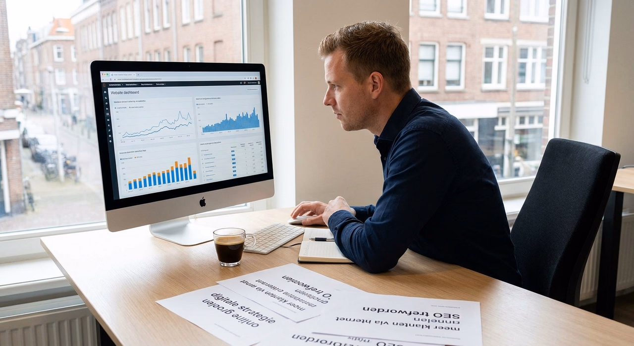 Ondernemer analyseert website statistieken en SEO content performance op computer Ondernemer analyseert website statistieken en SEO content performance op computer