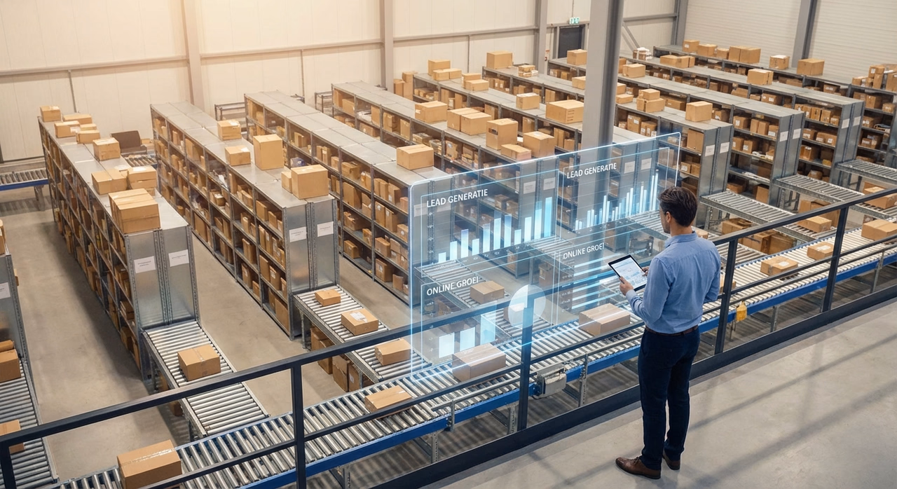 Modern e-commerce warehouse with AI-powered inventory management and data analytics