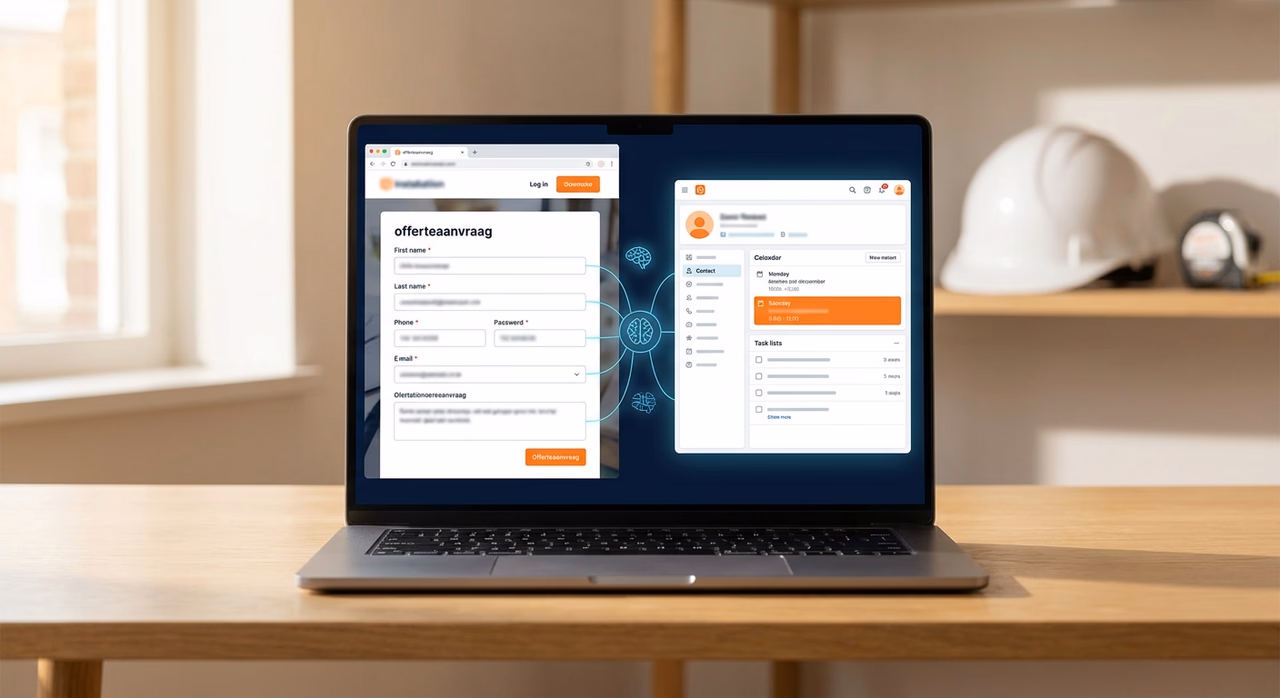 Laptop toont AI koppeling die online offerteaanvraag direct in CRM en planning verwerkt