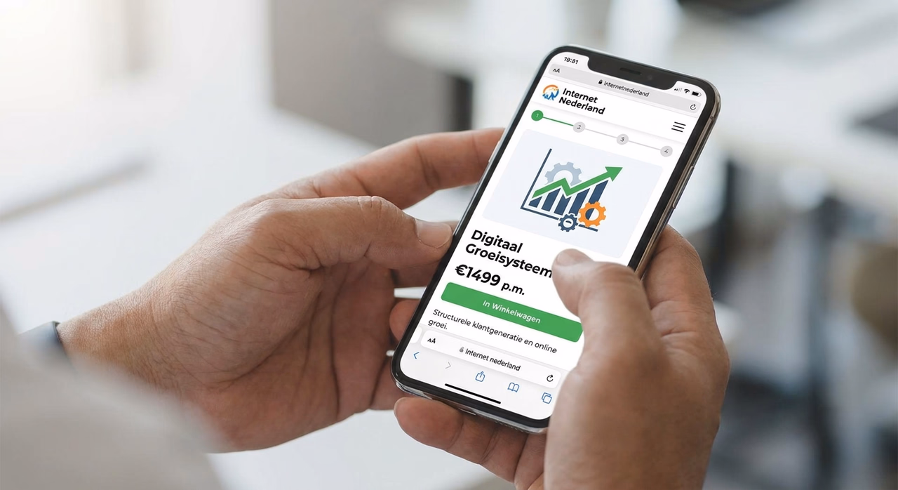 Smartphone toont mobiele Shopify webshop met productpagina en checkout knop Smartphone toont mobiele Shopify webshop met productpagina en checkout knop