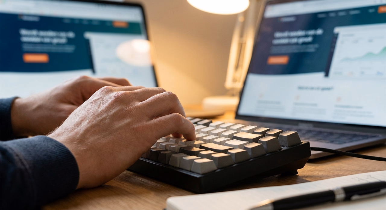 Handen typen content op toetsenbord, website zichtbaar op achtergrond Handen typen content op toetsenbord, website zichtbaar op achtergrond