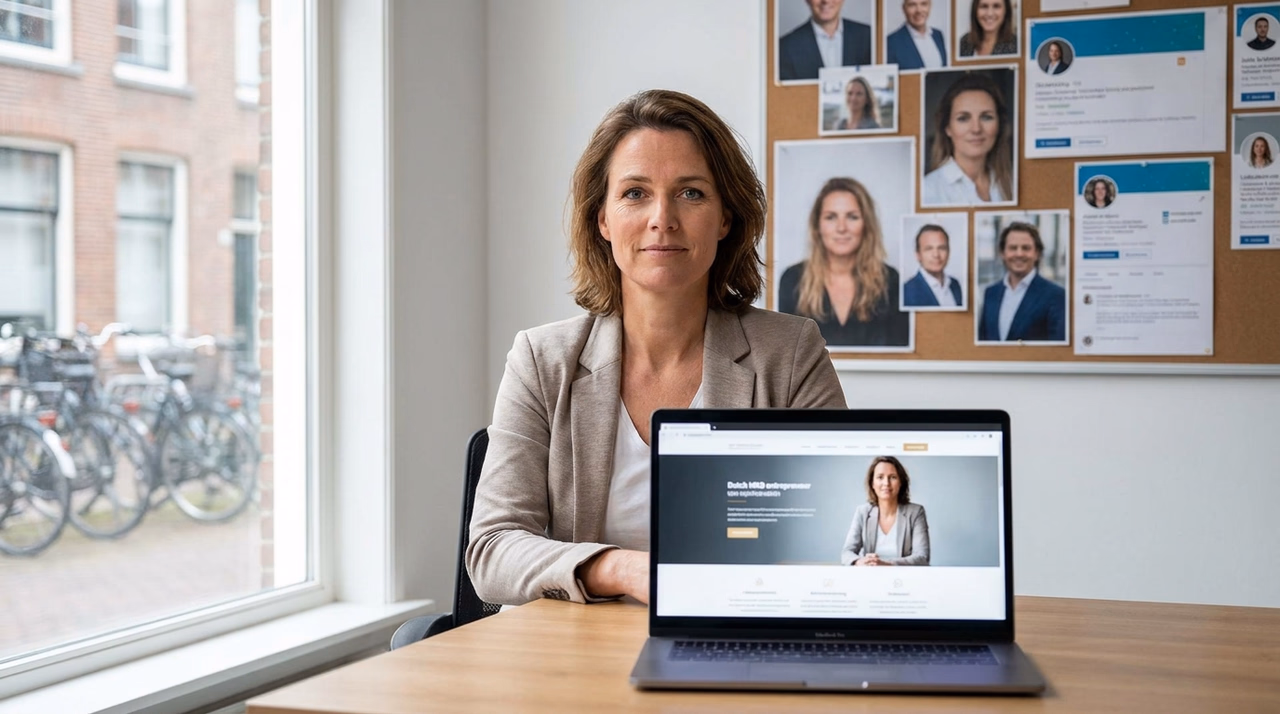 Nederlandse MKB-ondernemer bouwt persoonlijke branding achter bureau met laptop en portretfoto’s.