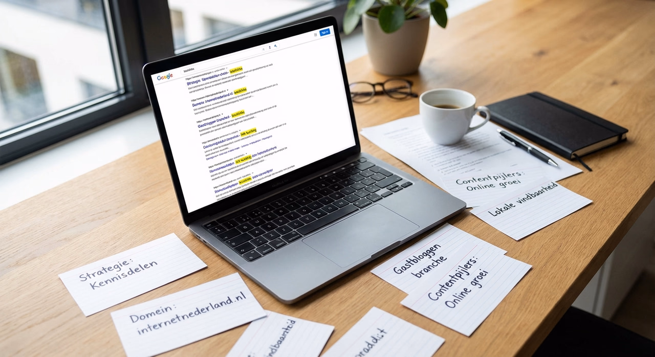 Professioneel bureau met laptop, linkbuilding strategie en SEO aantekeningen op het bureaublad