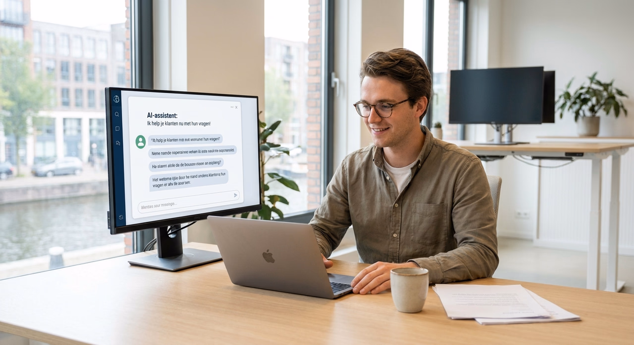 Ondernemer aan bureau met AI virtual assistant die automatisch klantenvragen beantwoordt op laptop Ondernemer aan bureau met AI virtual assistant die automatisch klantenvragen beantwoordt op laptop