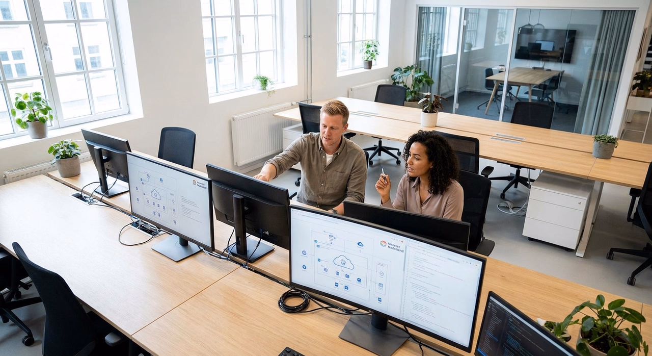 Ondernemer en cloud development specialist bespreken cloudarchitectuur op kantoor Ondernemer en cloud development specialist bespreken cloudarchitectuur op kantoor