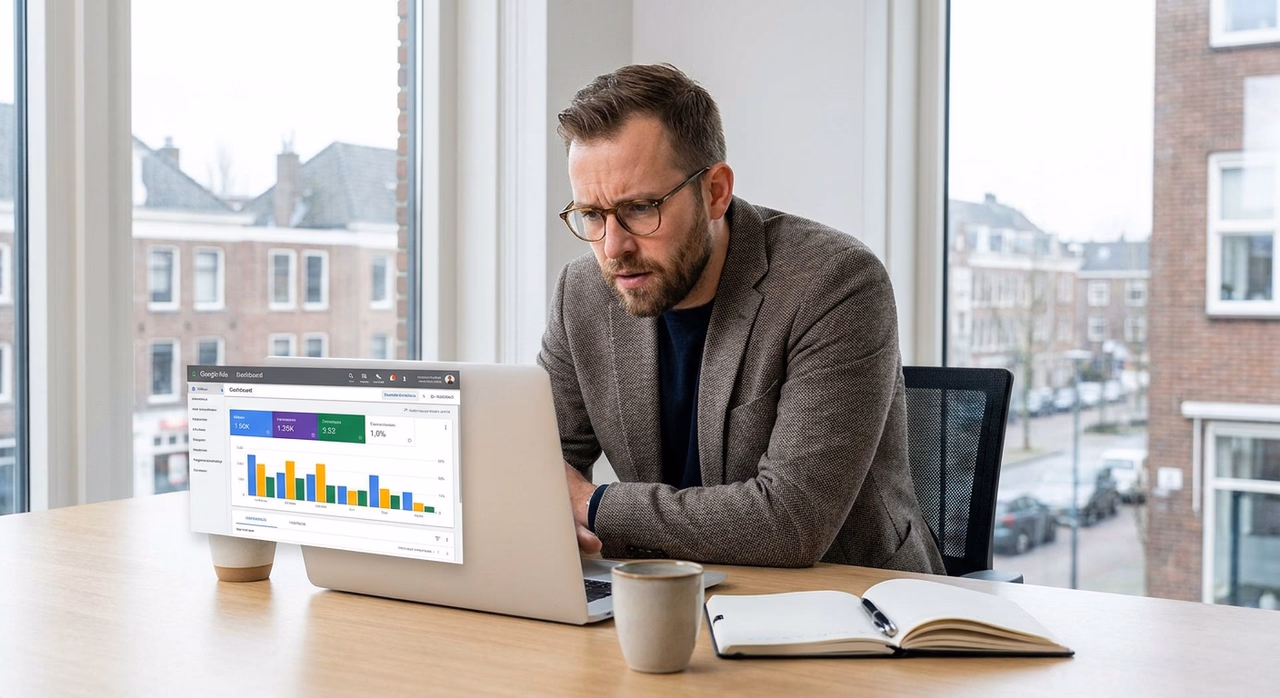 Ondernemer bekijkt Google Ads campagne op laptop met focus op conversieresultaten Ondernemer bekijkt Google Ads campagne op laptop met focus op conversieresultaten
