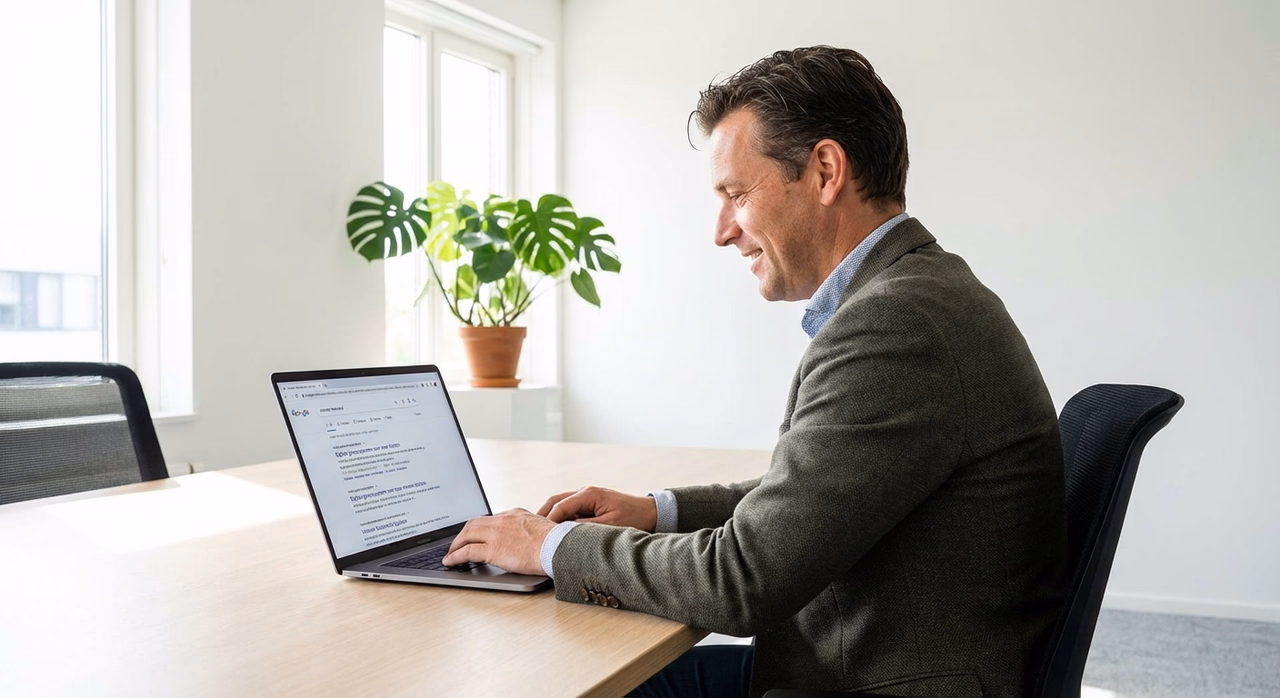 Nederlandse ondernemer kijkt naar SEO-resultaten in Google zoekresultaten op laptop scherm