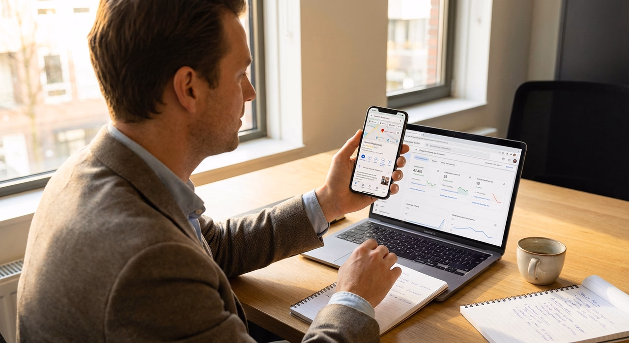Ondernemer controleert Google Business Profile op smartphone voor lokale SEO