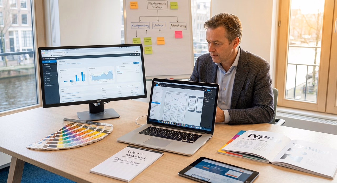 Ondernemer aan bureau werkt aan grafisch design en bedrijfsbranding